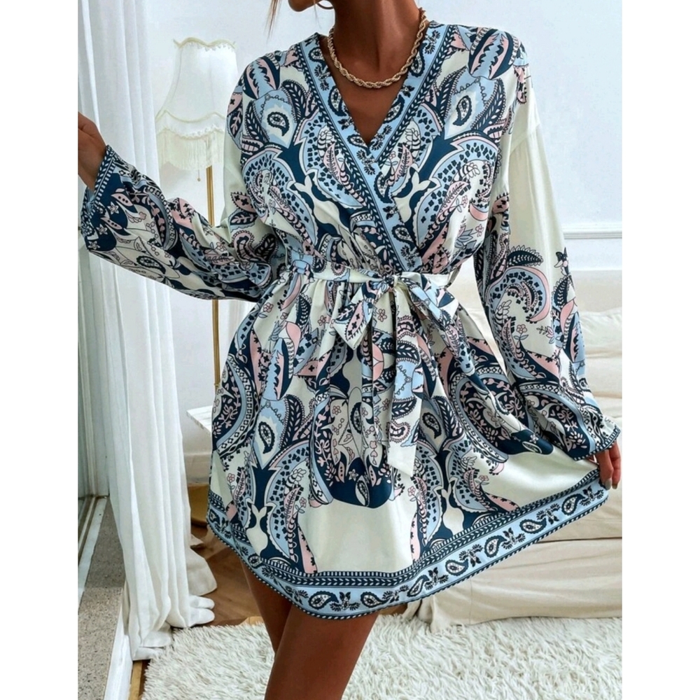 Boho Paisley Print Belted Bishop Sleeves Dress